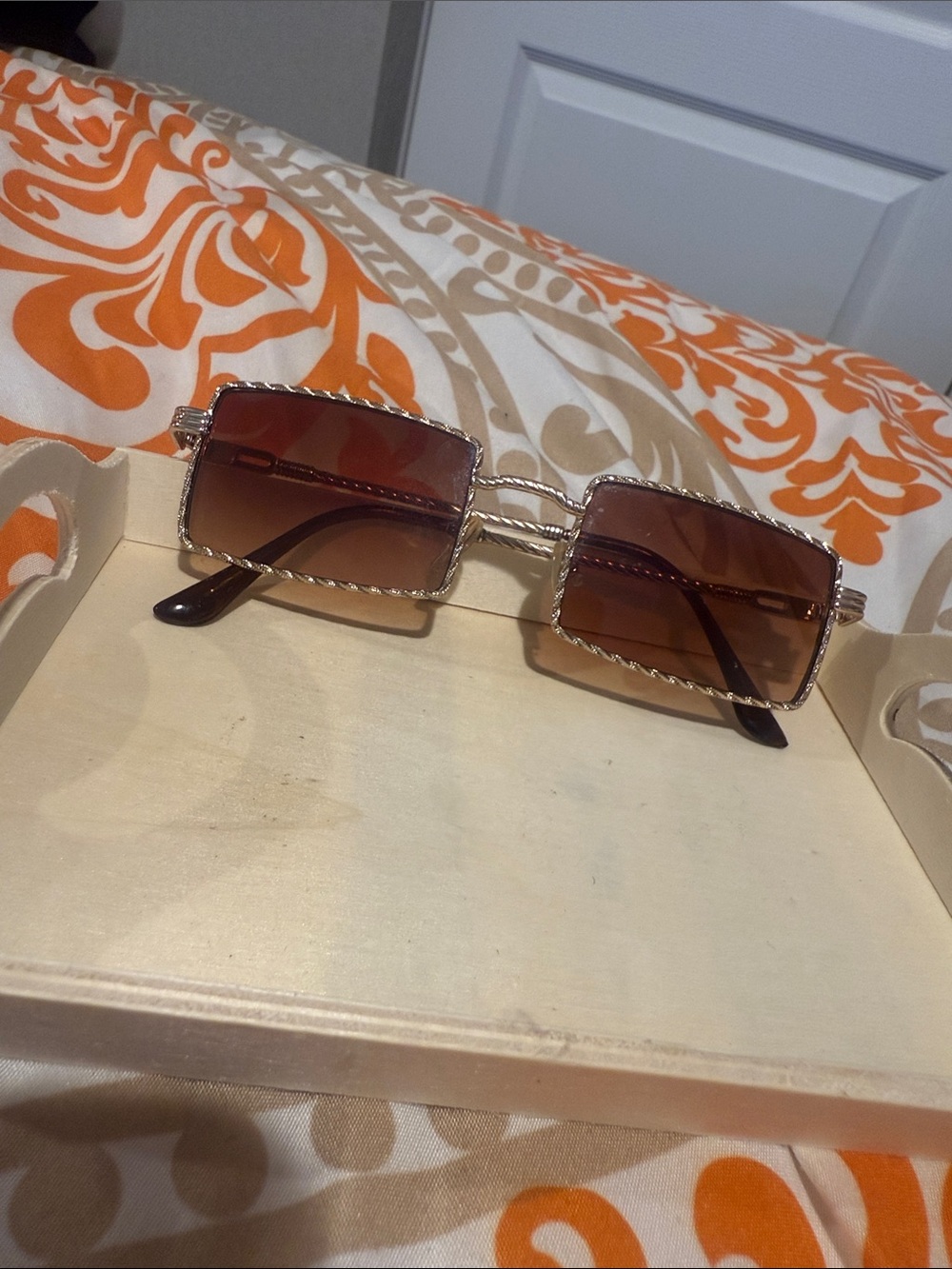 Women’s Rectangular Gold-Frame Sunglasses with Brown Lenses